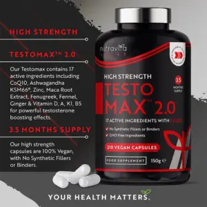 Testo Max 2.0 من Nutrivita Sport – مكمل أشواجندا طبيعي لدعم التستوستيرون والطاقة والقوة لدى الرجال