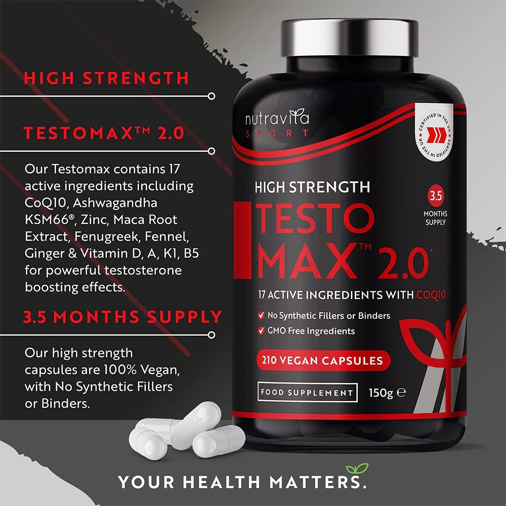 Testo Max 2.0 من Nutrivita Sport – مكمل أشواجندا طبيعي لدعم التستوستيرون والطاقة والقوة لدى الرجال