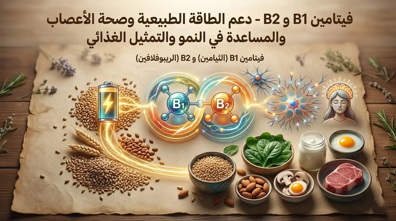 فيتامين B1 و B2 – دعم الطاقة الطبيعية وصحة الأعصاب والمساعدة في النمو والتمثيل الغذائي