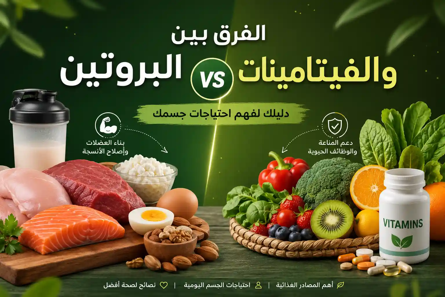الفرق بين البروتين والفيتامينات: دليلك رقم 1 لفهم احتياجات جسمك